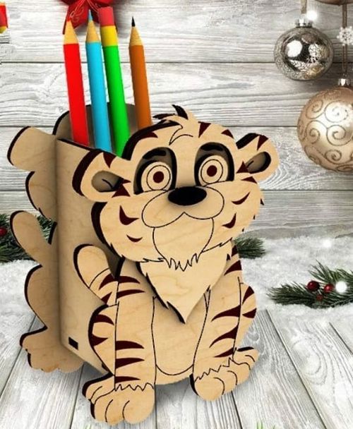 طرح جا مداد ببر لیزری - tiger pencil holder laser cut ve - برای دستگاه CNC چوب و لیزر (سی ان سی)