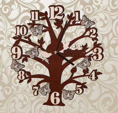 طرح ساعت دیواری درختی با طرح پرندگان و پروانه‌ها درخت - tree wall clock with birds and butterflies ve - برای دستگاه CNC چوب و لیزر (سی ان سی)
