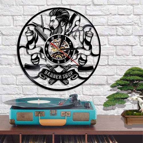 طرح ساعت دیواری صفحه وینیل ساعت دیواری سالن آرایش مد روز مناسب برای برش لیزری لیزری - vinyl record wall clock hipster hair salon for laser cut ve - برای دستگاه CNC چوب و لیزر (سی ان سی)