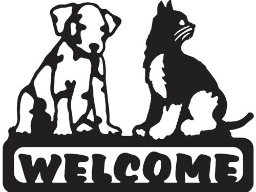 طرح تابلوی خوش آمدید سگ و گربه هنرهای فلزی - welcome sign dog and cat metal arts - برای دستگاه CNC چوب و لیزر (سی ان سی)
