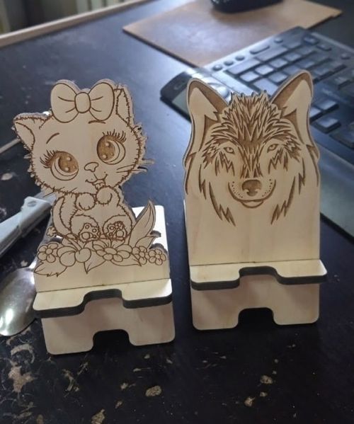 طرح پایه‌های تلفن همراه طرح گرگ و گربه لیزری - wolf and kitty mobile phone stands laser cut ve - برای دستگاه CNC چوب و لیزر (سی ان سی)