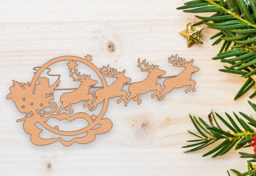 طرح کاردستی چوبی به شکل بابانوئل روی سورتمه با گوزن شمالی برش لیزری - wood craft shape santa on sleigh with reindeer laser cut ve - برای دستگاه CNC چوب و لیزر (سی ان سی)