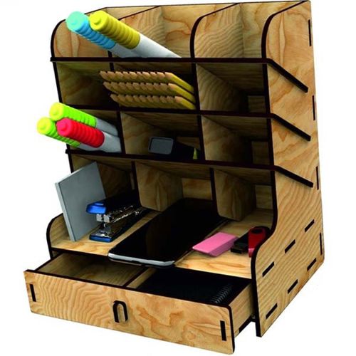 طرح wooden-desk-organizer-pencil-holder-with-storage-drawer-stationery-organizer-laser-cut-ve