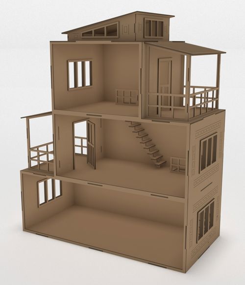 طرح خانه عروسکی چوبی مدرن میلی‌متری برای برش لیزر - wooden modern dollhouse 3mm for laser cut ve - برای دستگاه CNC چوب و لیزر (سی ان سی)