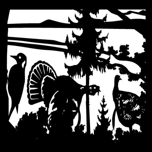 طرح تابلوی دارکوب دو بوقلمون کوه‌ها طرح پلاسما در سانتی‌متر - 24 x 36 woodpecker two turkeys mountains plasma art - برای دستگاه CNC چوب و لیزر (سی ان سی)