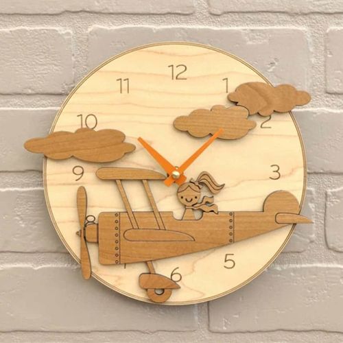 طرح ساعت دیواری چوبی گرد طرح دختر هواپیما برای اتاق کودک لیزری مخصوص کودکان - airplane girl round wooden wall clock for kids room laser cut ve - برای دستگاه CNC چوب و لیزر (سی ان سی)