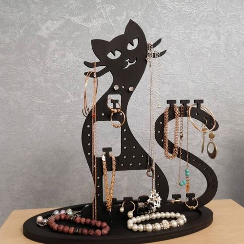 طرح جا نگهدارنده جواهرات گربه مستطیل برای برش لیزری - cat jewelry organizer jewelry holder stand for laser cut ve - برای دستگاه CNC چوب و لیزر (سی ان سی)