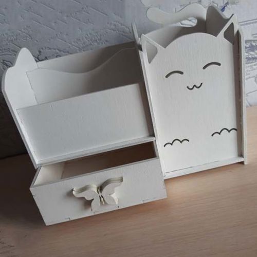 طرح جا مداد گربه‌ای میز سازمان‌دهنده با کشو لیزری - cat pencil holder desk organizer with drawer laser cut - برای دستگاه CNC چوب و لیزر (سی ان سی)