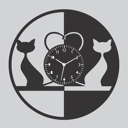 طرح ساعت دیواری صفحه وینیل گربه ها لیزری - cats vinyl record wall clock laser cut ve - برای دستگاه CNC چوب و لیزر (سی ان سی)