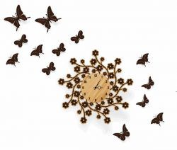 طرح ساعت دیواری گل داوودی و پروانه‌های در حال پرواز برای برش لیزری پلاسما پلاسما - chrysanthemum wall clock and flying butterflies for laser cut plasma ve - برای دستگاه CNC چوب و لیزر (سی ان سی)