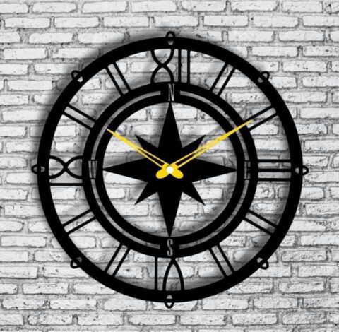 طرح ساعت دیواری با قطب‌نما - compass wall clock ve - برای دستگاه CNC چوب و لیزر (سی ان سی)