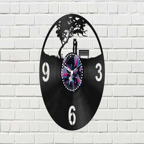 طرح ساعت دیواری صفحه‌ای وینیلی دونفره زیر درخت لیزری - couple under tree vinyl record wall clock laser cut ve - برای دستگاه CNC چوب و لیزر (سی ان سی)