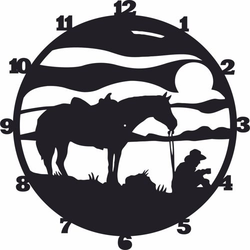 طرح ساعت دیواری کابوی غربی اسب - cowboy wall clock western horse ve - برای دستگاه CNC چوب و لیزر (سی ان سی)