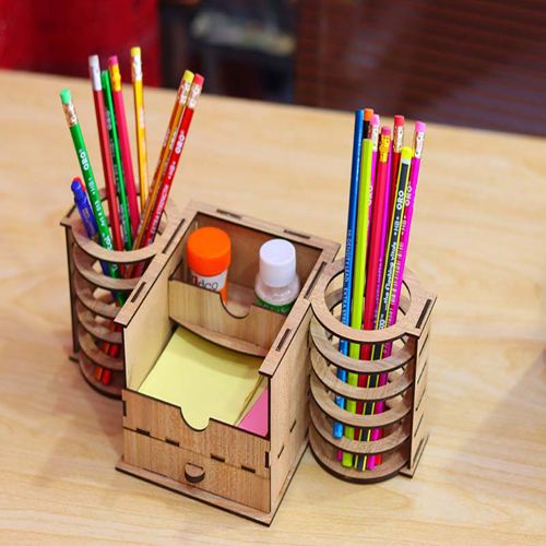 طرح قالب جای قلم چوبی سازماندهنده میز میلیمتری لیزر - desk organizer wooden pen holder template 3mm laser cut - برای دستگاه CNC چوب و لیزر (سی ان سی)