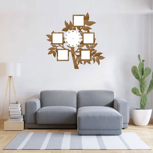 طرح قاب عکس درخت خانوادگی با ساعت برش لیزری - family tree photo frame with clock laser cut ve - برای دستگاه CNC چوب و لیزر (سی ان سی)