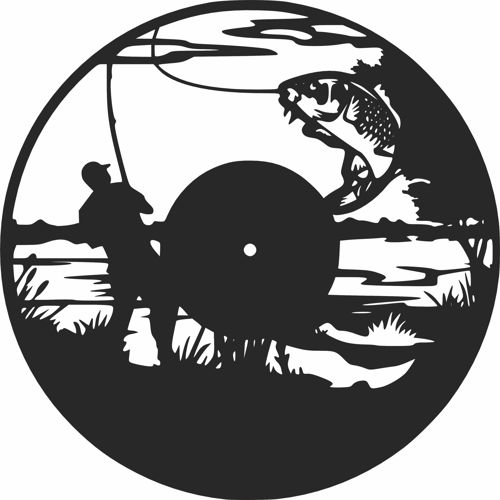 طرح ساعت دیواری وینیل مخصوص ماهیگیری ماهیگیر - fishing vinyl wall clock fisherman - برای دستگاه CNC چوب و لیزر (سی ان سی)
