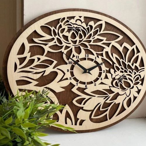 طرح گل دار دو لایه طرح ساعت دیواری برش لیزری - floral pattern double layer design wall clock laser cut ve - برای دستگاه CNC چوب و لیزر (سی ان سی)