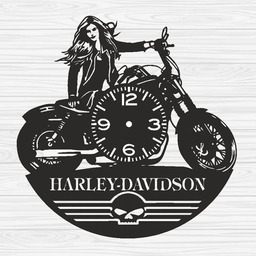 طرح ساعت دیواری وینیل دخترانه روی هارلی دیویدسون برش لیزری - girl on harley davidson vinyl wall clock laser cut ve - برای دستگاه CNC چوب و لیزر (سی ان سی)