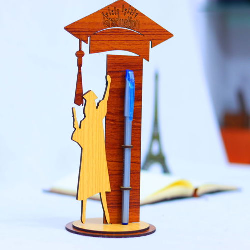 طرح جا قلمی چوبی هدیه فارغ التحصیلی میلی متری برش لیزری - graduation gift wooden pen holder 3mm laser cut ve - برای دستگاه CNC چوب و لیزر (سی ان سی)