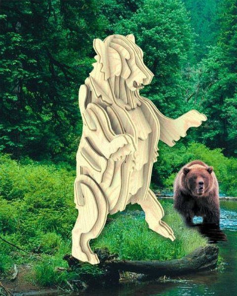 طرح پازل چوبی سه بعدی خرس گریزلی - grizzly bear 3d wooden puzzle - برای دستگاه CNC چوب و لیزر (سی ان سی)