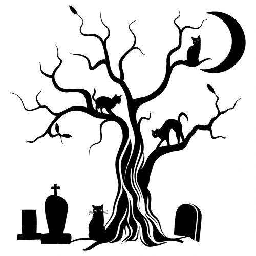 طرح هالووین شبح درخت گربه سیلوئت - halloween spooky tree cat silhouette - برای دستگاه CNC چوب و لیزر (سی ان سی)