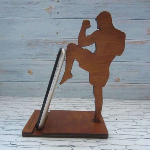 طرح پایه نگهدارنده گوشی موبایل چوبی مخصوص کیک بوکسور، برش لیزری، - kick boxer wooden mobile phone holder stand laser cut ve - برای دستگاه CNC چوب و لیزر (سی ان سی)