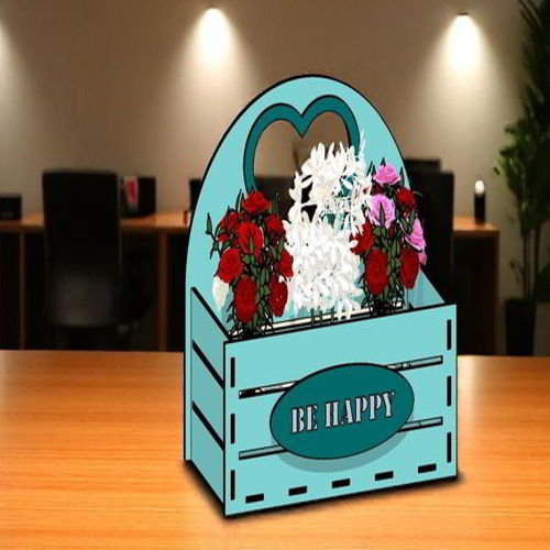 طرح سبد گل چوبی برش خورده شاد باش با لیزر سبد هدیه تزئینی - laser cut be happy wooden flower basket decorative gift basket - برای دستگاه CNC چوب و لیزر (سی ان سی)