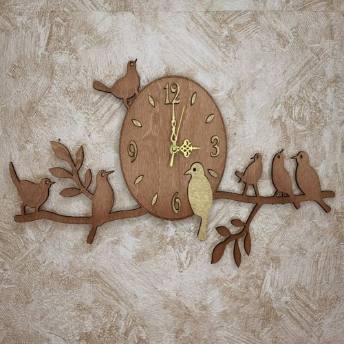 طرح ساعت دیواری طرح پرندگان با برش لیزری روی شاخه - laser cut birds on branch wall clock ve - برای دستگاه CNC چوب و لیزر (سی ان سی)