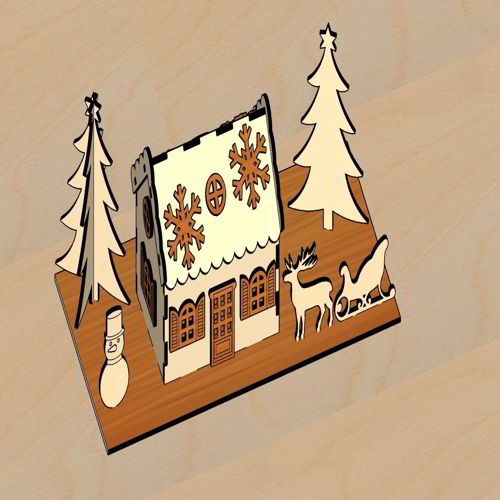 طرح laser-cut-christmas-theme-tealight-lamp-house-winter-wonderland-miniature-house-with-reindeer-snowman-new-year-tree-snowy-scene-ve