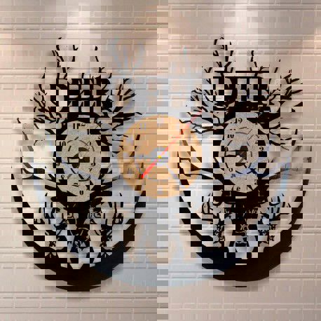 طرح ساعت صفحه‌ای برش خورده گوزن وینیل لیزری - laser cut deer vinyl record clock ve - برای دستگاه CNC چوب و لیزر (سی ان سی)