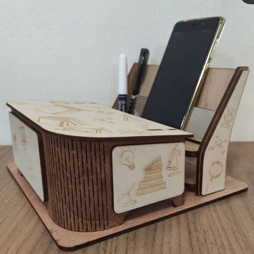 طرح میز سازماندهی برش لیزری با نگهدارنده گوشی - laser cut desk organizer with phone holder ve - برای دستگاه CNC چوب و لیزر (سی ان سی)