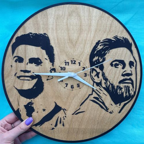 طرح ساعت دیواری مسی و رونالدو با برش لیزری و حکاکی اختصاصی - laser cut engraved messi ronaldo exclusive wall clock ve - برای دستگاه CNC چوب و لیزر (سی ان سی)
