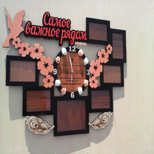 طرح قاب عکس خانوادگی برش لیزری با ساعت - laser cut family photo frame with clock - برای دستگاه CNC چوب و لیزر (سی ان سی)