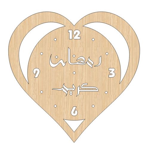 طرح ساعت دیواری چوبی طرح قلب با برش لیزری ویژه ماه رمضان کریم - laser cut graceful ramadan kareem heart shaped wooden wall clock ve - برای دستگاه CNC چوب و لیزر (سی ان سی)