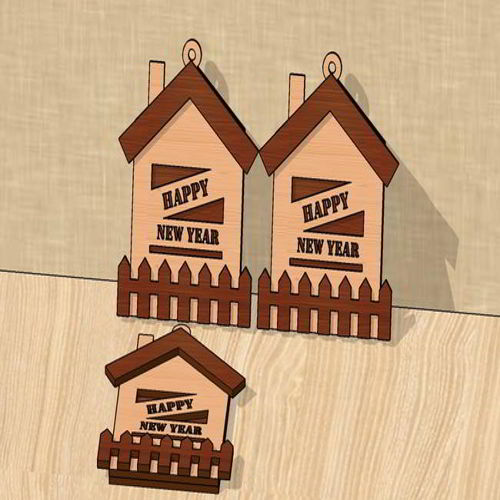 طرح برش لیزری برچسب هدیه سال نو مبارک به شکل خانه - laser cut happy new year gift tag house shaped ve - برای دستگاه CNC چوب و لیزر (سی ان سی)
