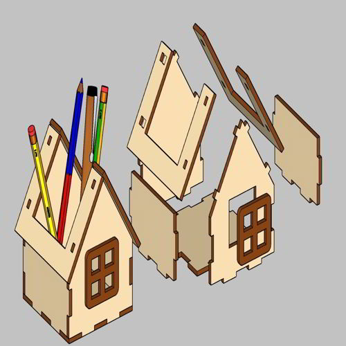 طرح جا خودکاری چوبی استند مداد برش لیزری به شکل خانه - laser cut house shaped pen holder wooden pencil stand desk organizer - برای دستگاه CNC چوب و لیزر (سی ان سی)
