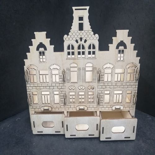 طرح جعبه آرایی چوبی به شکل خانه با کشو کشو با لیزر برش داده شده - laser cut house shaped wooden organizer with drawers ve - برای دستگاه CNC چوب و لیزر (سی ان سی)