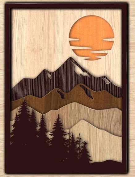 طرح برش لیزری لایه ای هنر کوه جنگل دیوار دکوراسیون - laser cut layered mountain art forest wall decor ve - برای دستگاه CNC چوب و لیزر (سی ان سی)