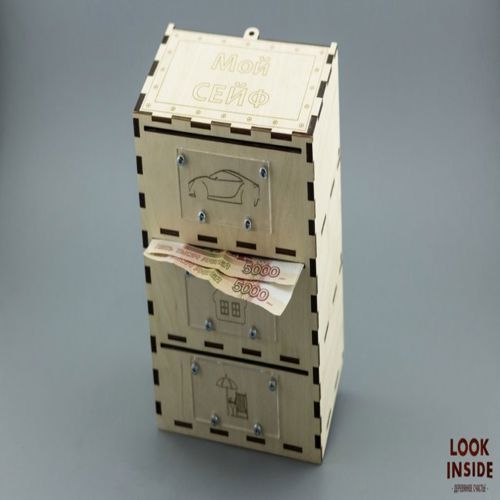 طرح گاوصندوق بانکی برش لیزری با درب کشویی - laser cut money bank safe with sliding cover ve - برای دستگاه CNC چوب و لیزر (سی ان سی)