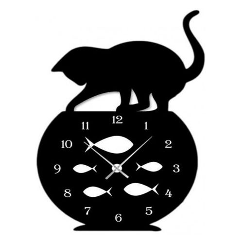طرح ساعت دیواری مدرن برش لیزری گربه ماهی شیطون دکور - laser cut naughty cat fish tank modern wall clock decor ve - برای دستگاه CNC چوب و لیزر (سی ان سی)