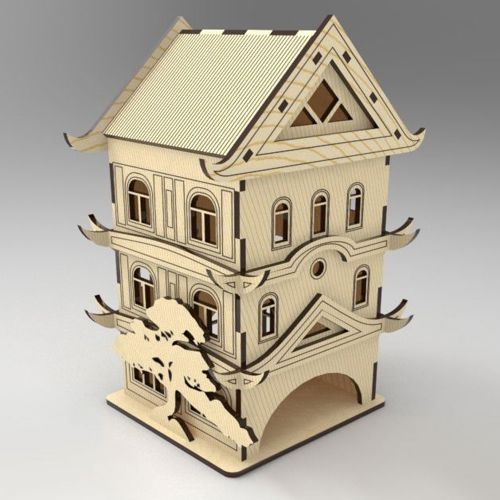 طرح برش لیزری پاگودا چایخانه چای کیسه‌ای پخش‌کننده - laser cut pagoda tea house tea bag dispenser ve - برای دستگاه CNC چوب و لیزر (سی ان سی)