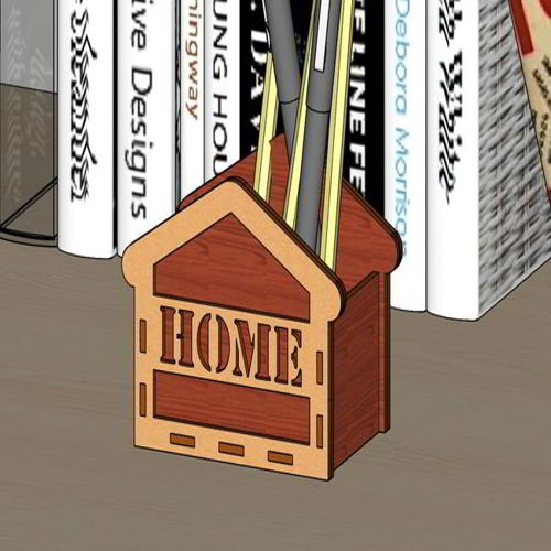 طرح جا قلمی برش لیزری به شکل خانه چوبی مداد پایه - laser cut pen holder house shaped wooden pencil stand - برای دستگاه CNC چوب و لیزر (سی ان سی)