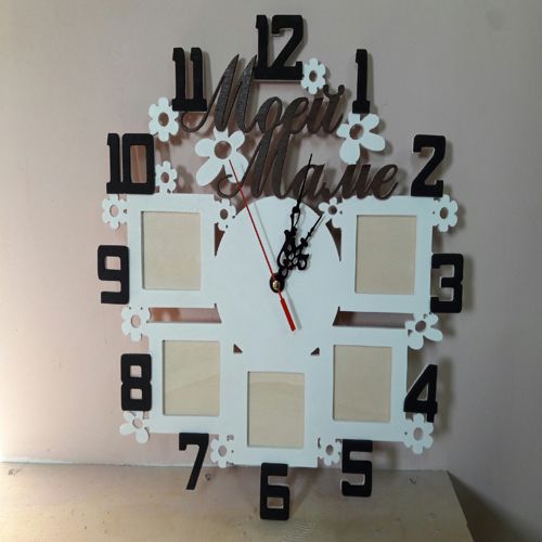 طرح ساعت دیواری شخصی‌سازی‌شده با برش لیزری و قاب عکس - laser cut personalized wall clock with photo frames - برای دستگاه CNC چوب و لیزر (سی ان سی)