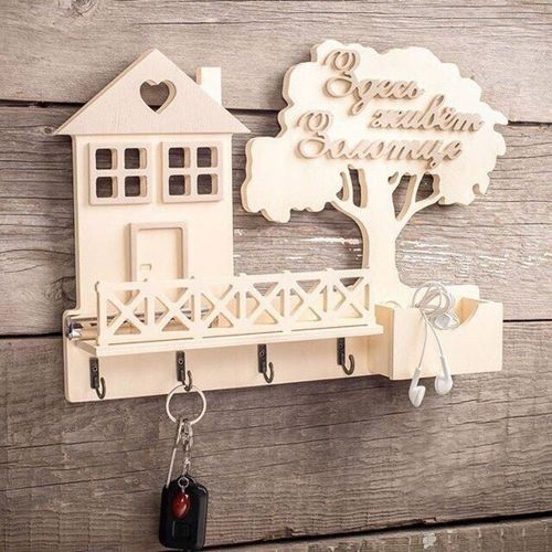 طرح برش لیزری چوبی به شکل خانه چوبی قفسه جاکلیدی دیواری قالب - laser cut wooden house shape key hanger shelf wall mounted template ve - برای دستگاه CNC چوب و لیزر (سی ان سی)