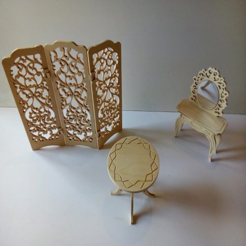 طرح laser-cut-wooden-room-divider-folding-screen-with-furniture-coffee-table-dressing-mirror-table-dxf-file