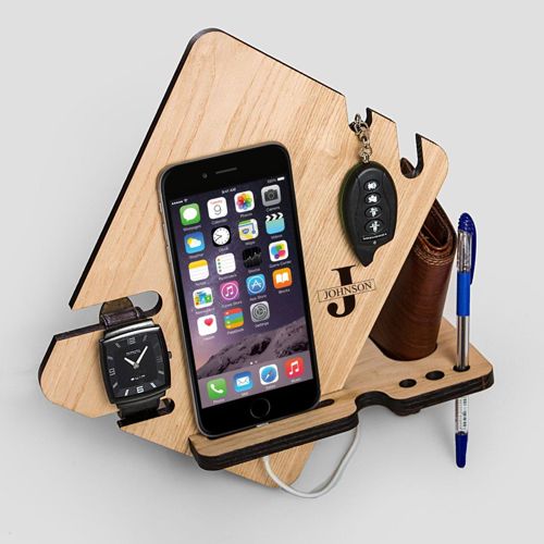 طرح laser-cut-wood-phone-docking-station-with-key-holder-wallet-stand-watch-organizer-ve