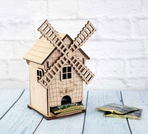 طرح چای کیسه ای به شکل آسیاب برای برش لیزری - mill shaped tea house tea bag storage for laser cut ve - برای دستگاه CNC چوب و لیزر (سی ان سی)