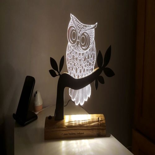 طرح جغد سه بعدی ال ای دی چراغ شب - owl 3d led night light - برای دستگاه CNC چوب و لیزر (سی ان سی)