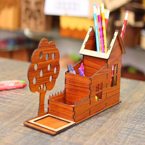 طرح قالب جا قلمدان خانه مداد میلی‌متری برش لیزری - pencil box house pen holder template 3mm laser cut - برای دستگاه CNC چوب و لیزر (سی ان سی)