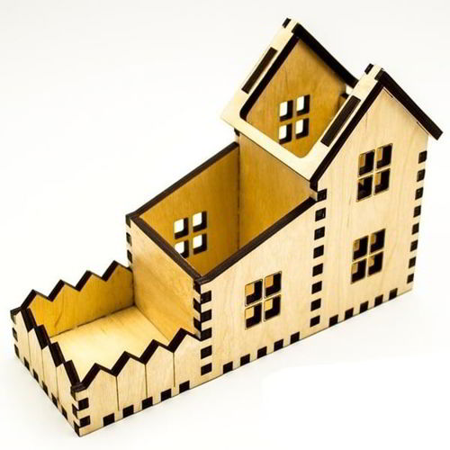 طرح جا قلمی در خانه چوبی جعبه جا قلمی برش لیزری - pencil organizer in wooden house pen holder box laser cut ve - برای دستگاه CNC چوب و لیزر (سی ان سی)